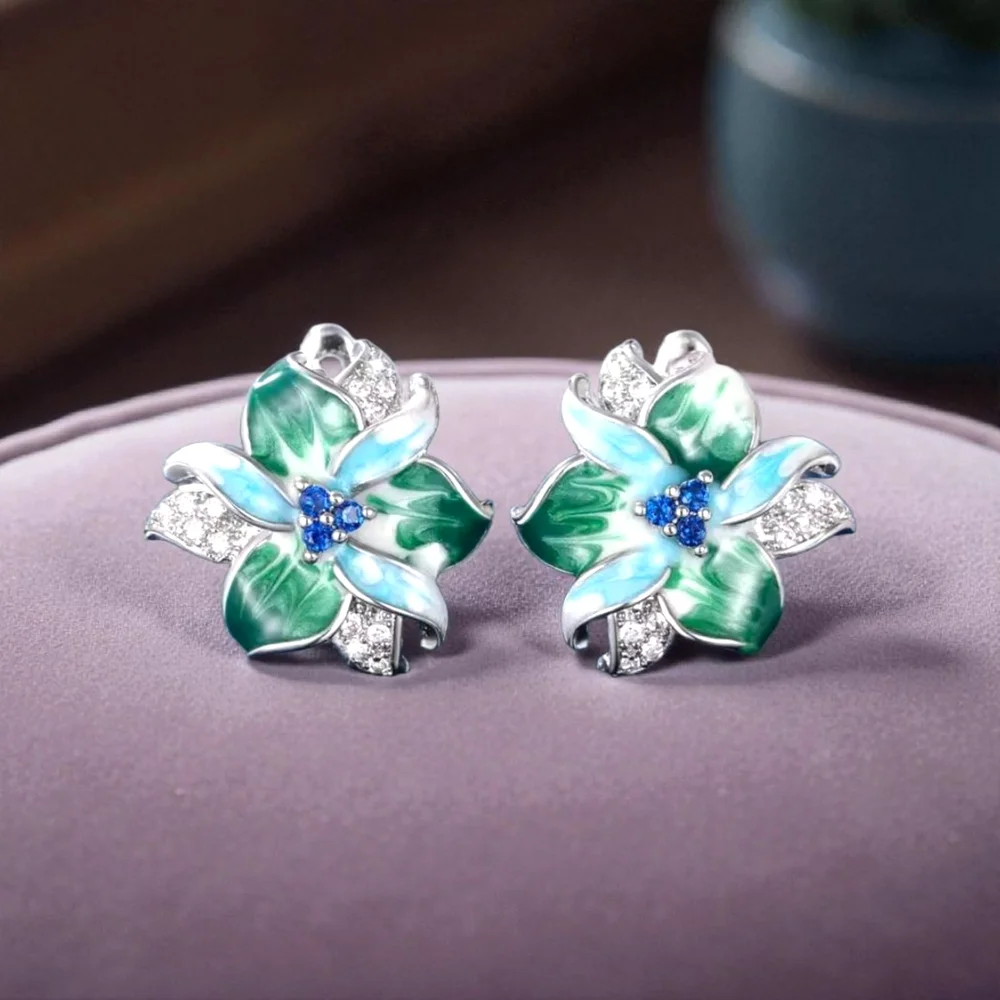 Elegant Floral Green and Blue Earrings